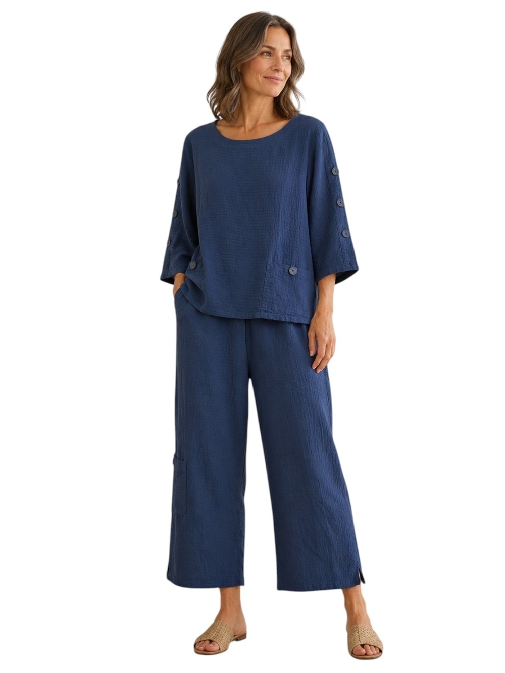 Focus Casual Life Blue Textured Cotton 2 Piece Pants Set Women's L Relaxed Boho